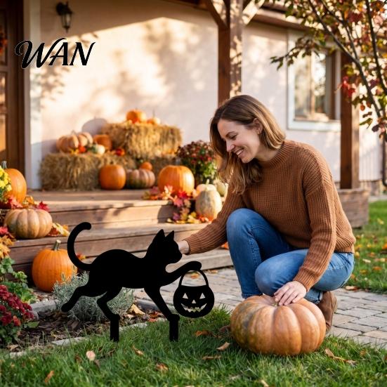 Durable Metal Yard Inserts Halloween Black Cat Stakes, Garden Stake with Pumpkin Lantern and Waterproof Statues Witch Broom, Outdoor Lawn Art
