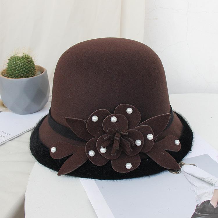 Wool Bucket Hat Ladies Autumn And Winter Leisure Basin Hat Fashion Bead Flower Felt Top Hat