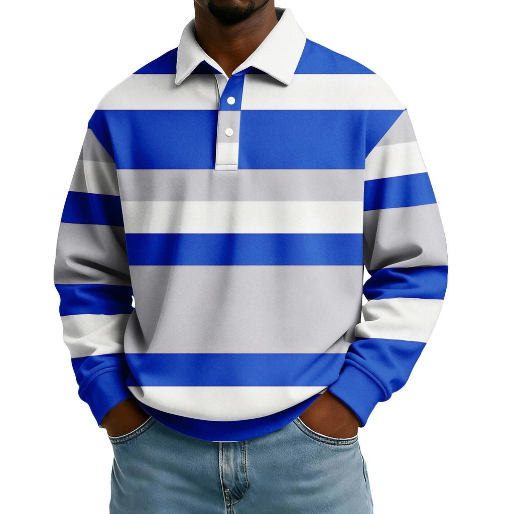 Męska codzienna luźna bluzka z blokami kolorów, z klapą zapinaną na guziki i długim rękawem