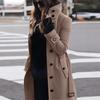 Khaki Long Trench Coat Women's Stand Collar Double Breasted Button Coat