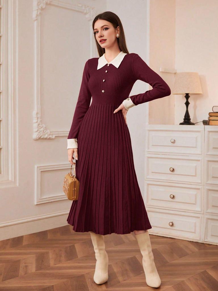 Shein French Long-Sleeve Midi Dress, Slim-Fit Knit, Figure-Flattering Women's Fashion