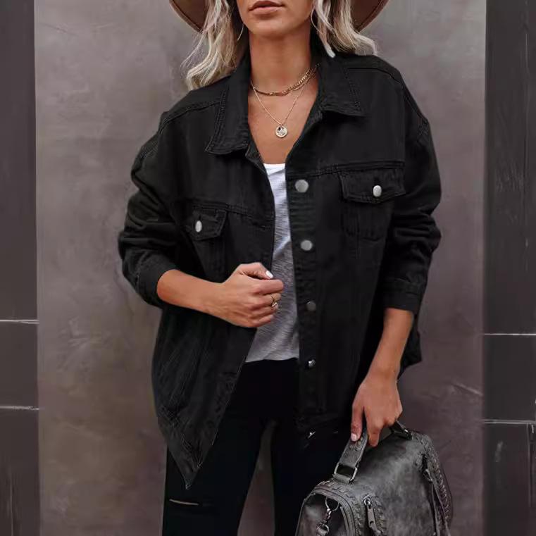 

Винтажная джинсовая куртка женская осень-зима свободный лацкан однобортный кардиган пальто женская мода повседневная верхняя одежда для поездок на работу XL чёрный