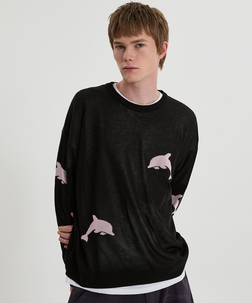 WAIKEI Dolphin See-Through Crew Neck Knit Black
