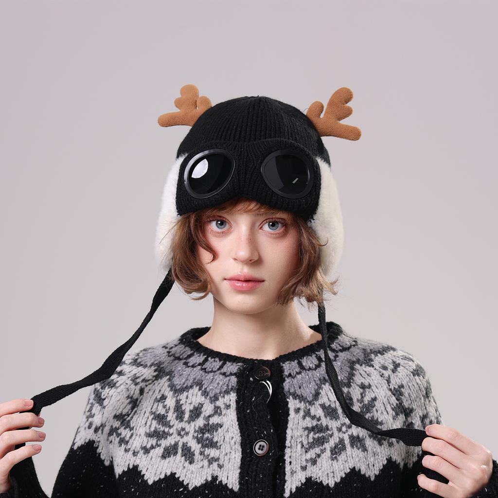 Men's And Women's Windproof Goggles With Fleece Ski Hats Knitted Warm Knitting Hat Deer Antler Hat