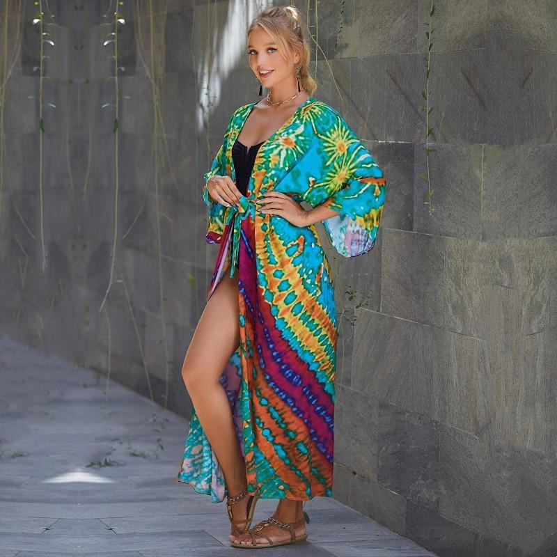 EDOLYNSA Bohemian Badeanzug Cover Up Retro Streifen Selbst Gürtel Frauen Sommer Kleidung Lange Kimono Kleid Beachwear Bikini Cover-ups Q1521