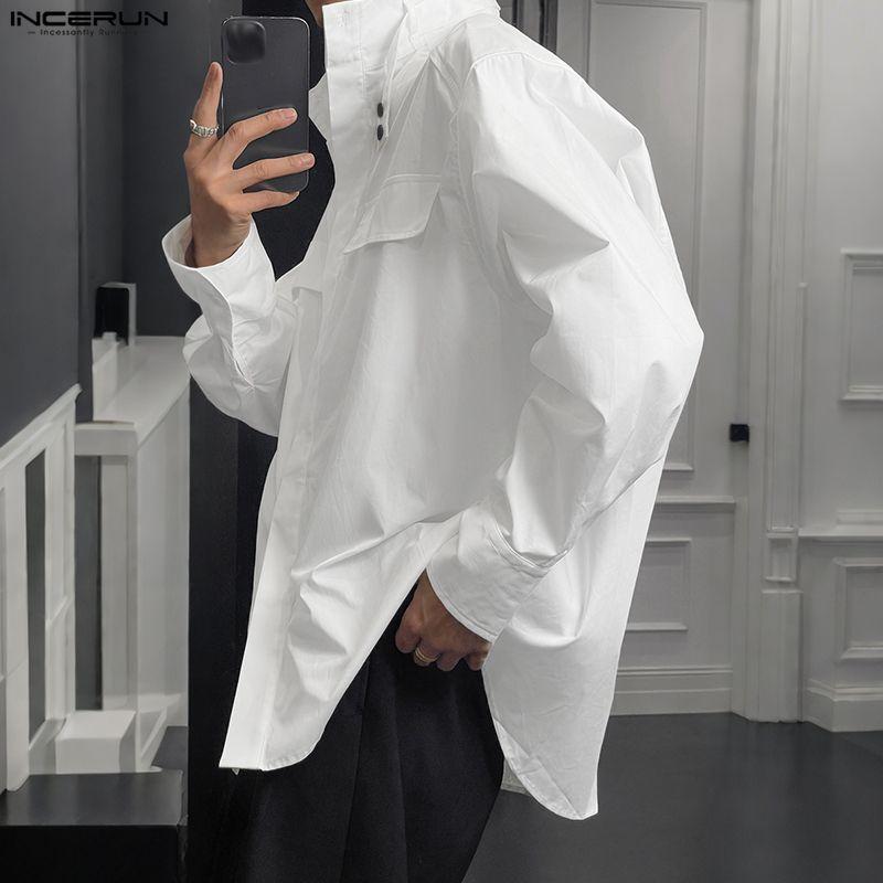 INCERUN S-5XL Men Casual Stand Neck Long Sleeve Loose Cargo Shirts Tops