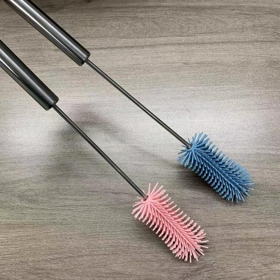 Silicone Bottle Brush with Stainless Steel Long Handle Press-Rotating Design Soft Bristle Cup Brush