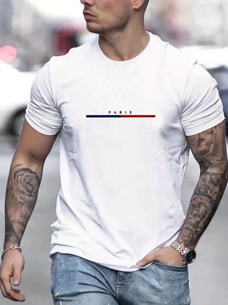 Minimalist Fashionable Men's Tees Paris Printed Short Sleeve T-shirt Top O-neck Loose Summer Leisure Outings Streetwear 62470