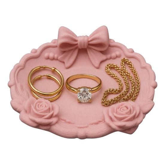 3D Printed Jewelry Tray Small Round Ring Holder Dish with Bow for Women Girls Floral Trinket Bowl Jewelry Organizer for Vanity Dresser Decor