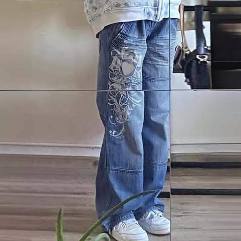 Street style women's clothing, irregular print loose long pants, low-waist pleated washed distressed multi-color jeans