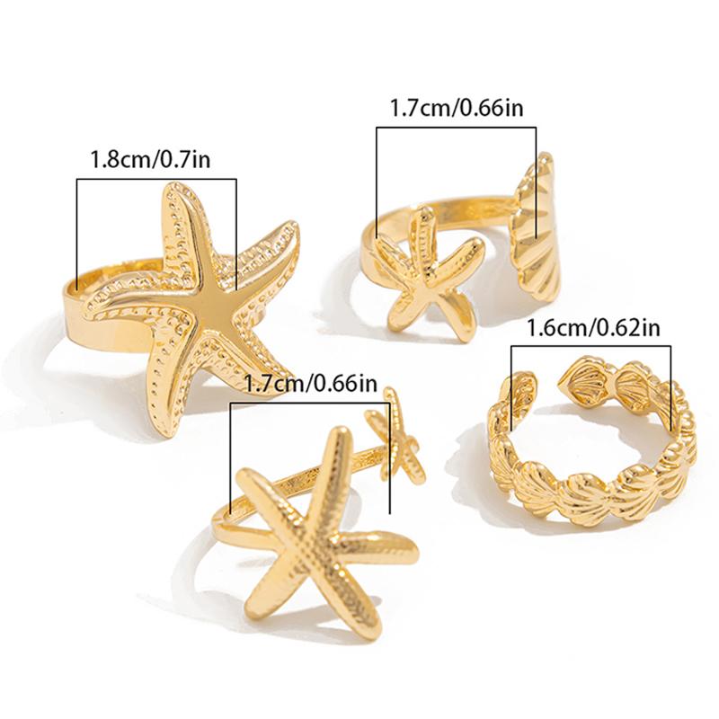 4Pcs/Set Starfish Scallop Adjustable Open Rings For Women Trendy Geometric Gold Color Ring Summer Beach Jewelry Accessory
