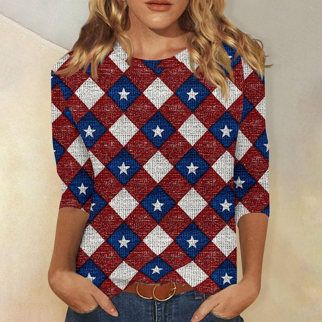T-shirt Top Casual alla Moda da Donna con Stampa Bandiera Americana e Stelle per l'Indipendenza, Scollo, Manica a Tre Quarti