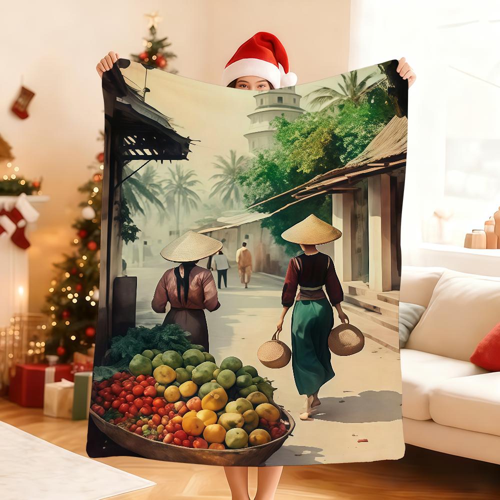 Vietnamese Village landscape illustration Blanket For Soft Throw Blanket for Picnic Bed Sofa Home Bedroom Cozy Warm Comfortable