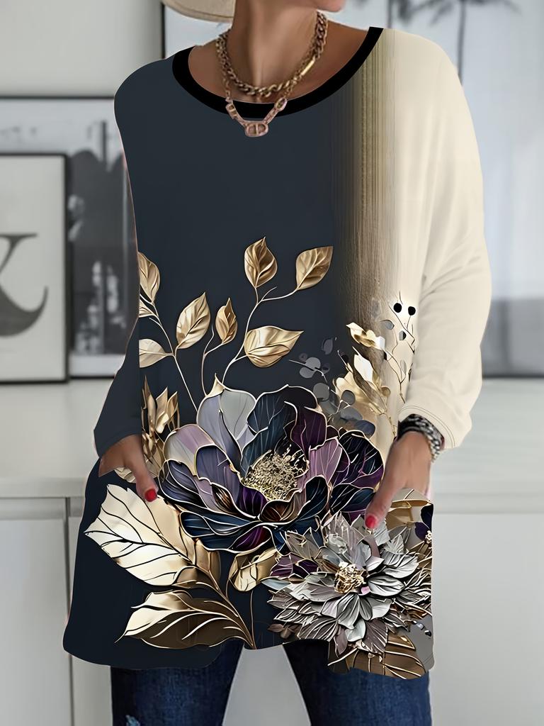 Ladies Large Size Casual Elegant Flower Pattern Print Long Sleeve Crew Neck Pocket T-Shirt Top