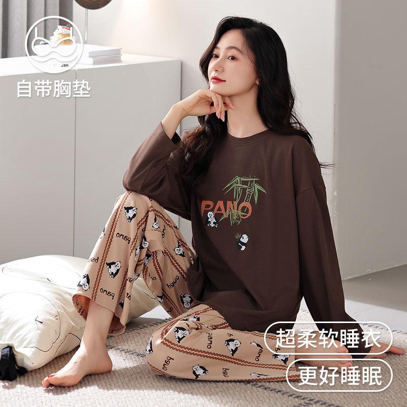 Women's Spring and Autumn Pajamas with Chest Pads, Pure Cotton Long-sleeved 1011 New Autumn Thin Casual Loose Loungewear Set