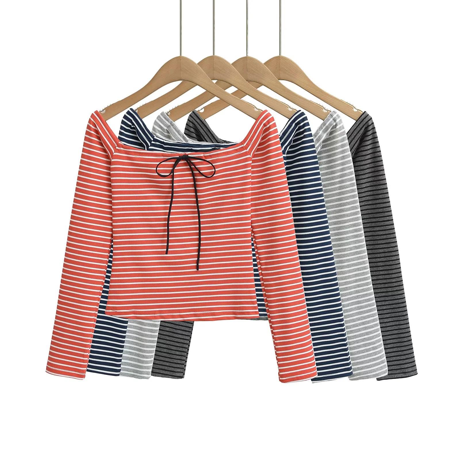 

Design Striped 2025 Long Sleeve Lace-up One-Shoulder Slim-Fit Top Large