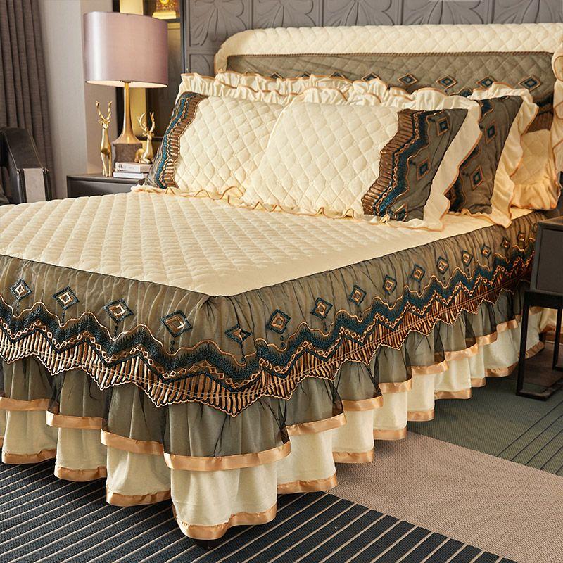 1pcs Luxurious European Quilted Crystal Velvet Bed Skirt Set with Lace Trim - Warm, Thick,1 Bed Skirt