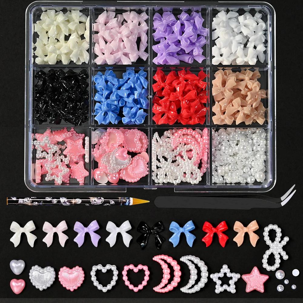 12Grids/Box Mixed Resin Bowknot Nail Charms 3D Colorful Bow Kawaii Rhinestone Nail Art Decorations DIY Manicure Parts Pen Tweeze