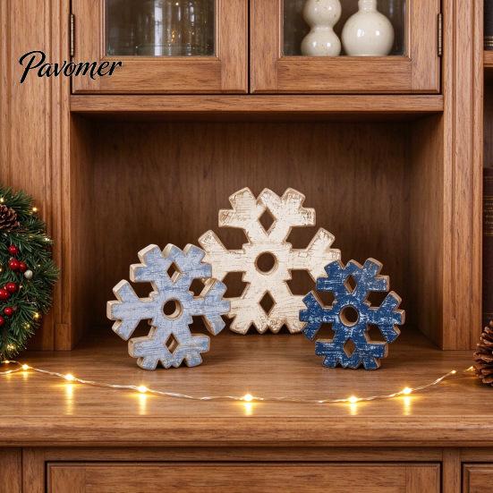 Winter Farmhouse Shelf Ornaments 3 Pcs Snowflake Wooden Signs, Rustic Table Decoration, Hollowed Out Crafts Block Sign for Christmas Tiered