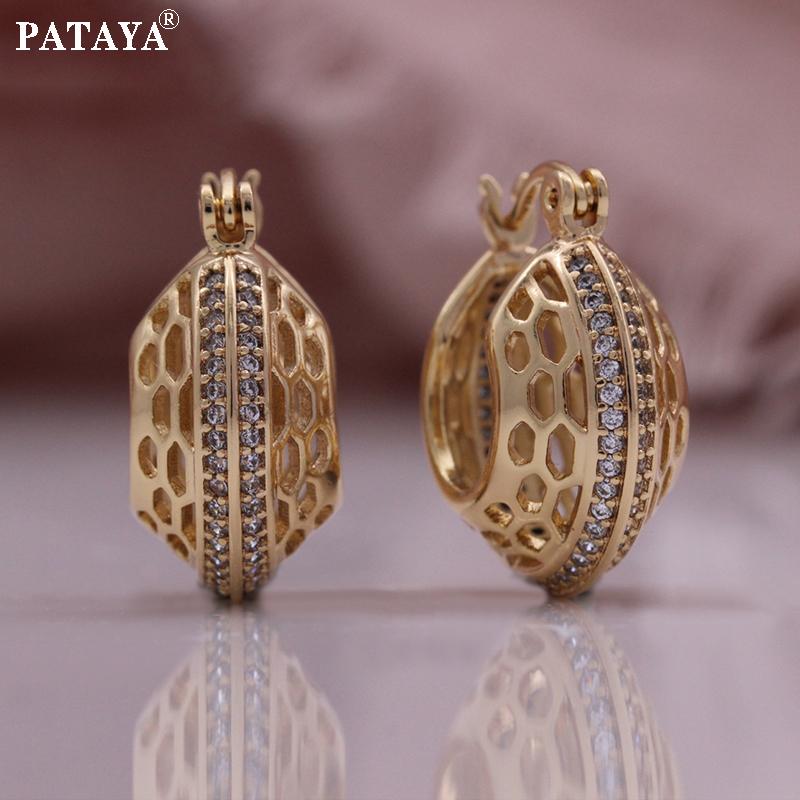 

PATAYA Fashion Earring Unique Carved Hollow 585 Rose Gold Hoop Earrings