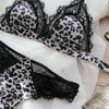 Set de sutien ultra-subțire franțuzesc, stil sexy din dantelă leopard, lenjerie de corp pentru femei, cupă triunghiulară fără sârmă, set confortabil de lenjerie și tanga