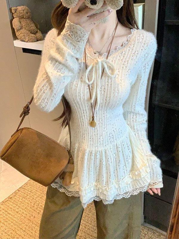 Korean Style Sweet V-neck Women s Slim-fit Long-sleeve T-shirt Large абрикосовый