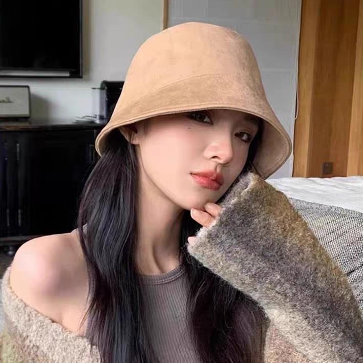 Women's Suede Bucket Hat - Solid Color, Versatile, Large Fit, Face-Covering