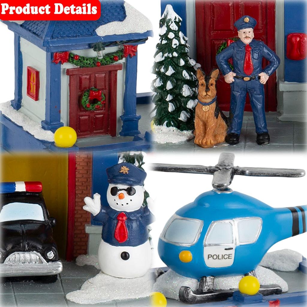 Animated Christmas Village Police Station Lighted Musical with Moving Car & Rotating Helicopter Collectible Building for Holiday