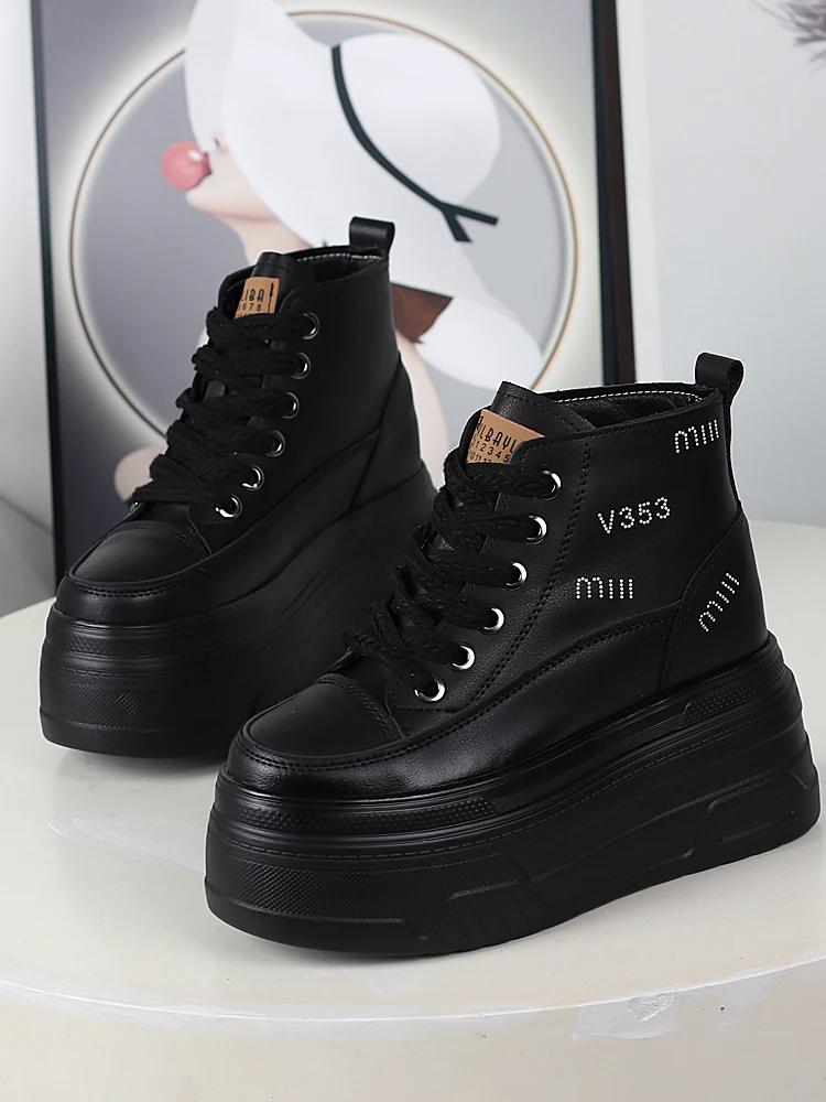 Fashion 12CM Genuine Leather Vulcanize Ankle Booties Women Chunky Sneaker Loafer High Brand Comfy Spring Autumn Platform Shoes