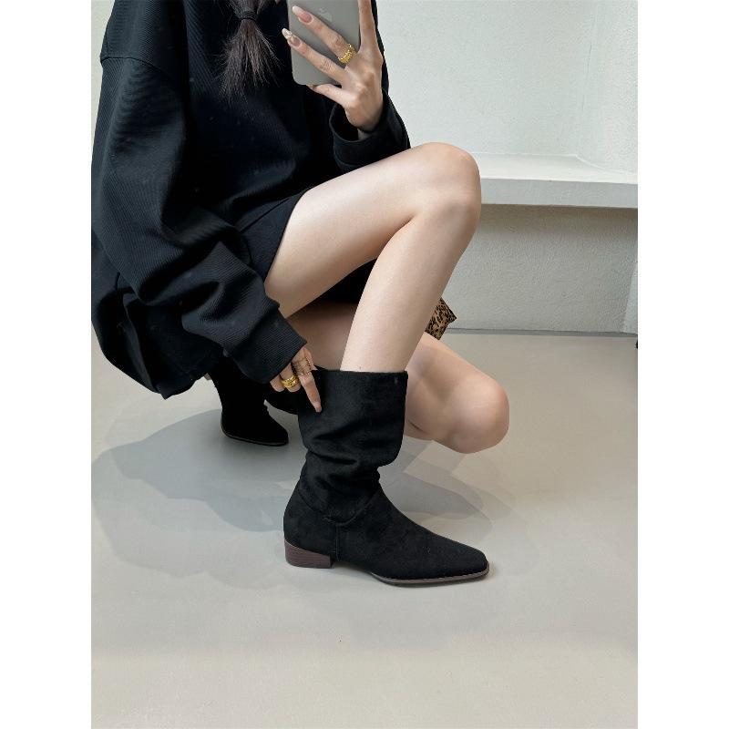 Coarse Heel Khaki Suede Medium Tube Stacking Boots Women's Shoes 2025 New Thin Boots Spring and Autumn Single Boots French Short Boots