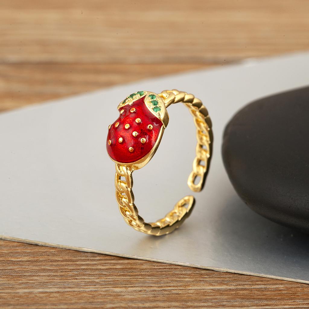 Nidin New Fashion Strawberry Shape Enamel Dripping Oil Open Rings For Women Female Inlaid Green Zircon Adjustable Finger Jewelry