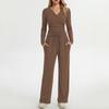 Women's Long Sleeve V Neck Pullover Top and Wide Leg Pants Lounge Set Casual Two Piece Outfit Soft Fabric Relaxed Fit