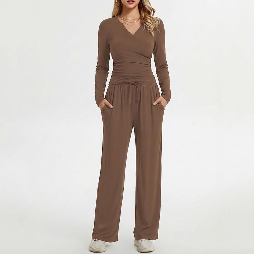 Women's Long Sleeve V Neck Pullover Top and Wide Leg Pants Lounge Set Casual Two Piece Outfit Soft Fabric Relaxed Fit