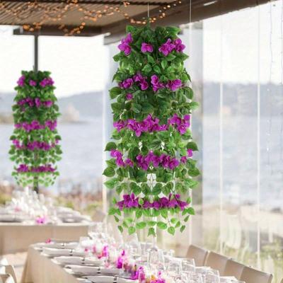 Künstliche Bougainvillea-Hängeblume, künstliche Bougainvillea-Pflanzen, UV-beständig, Kunstseiden-Blumenranken für Hochzeit, Zuhause, Garten, Hof, Außendekoration, 2 Stück