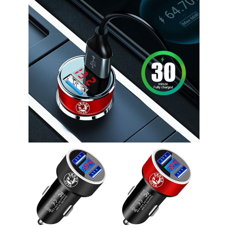 Car Charger 2 USB Ports Fast Charging Digital Display Car Accessories For Skoda Octavia Superb Rapid Kodiaq Karoq Fabia Kamiq Roomster Citigo