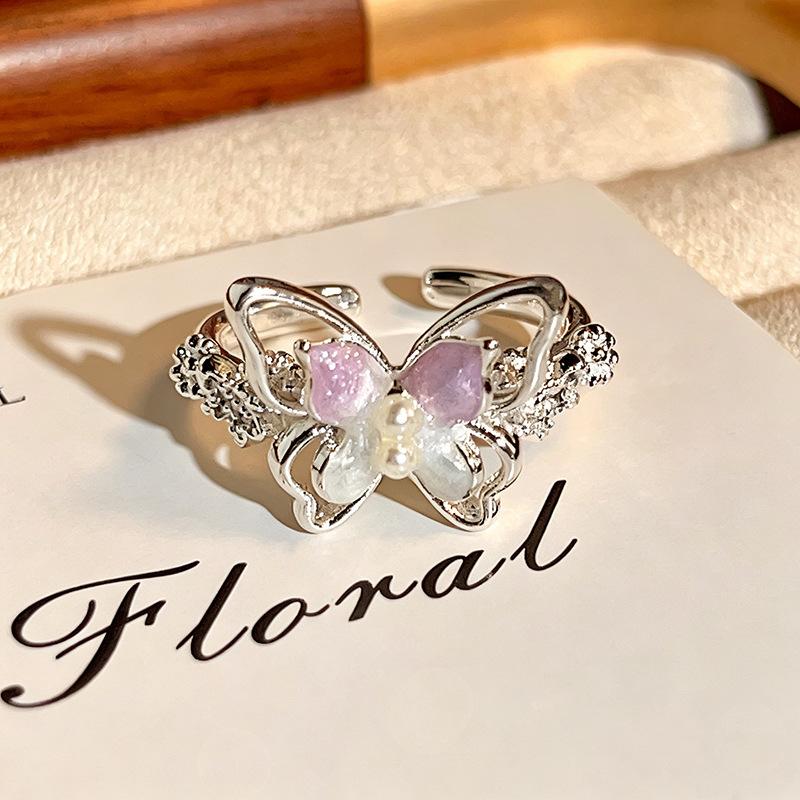 Sweet Cool Ins Style Open Ring Gradient Enamel Butterfly Inlaid Zircon With Bead Detail Niche Personality Adjustable Decorative Ring