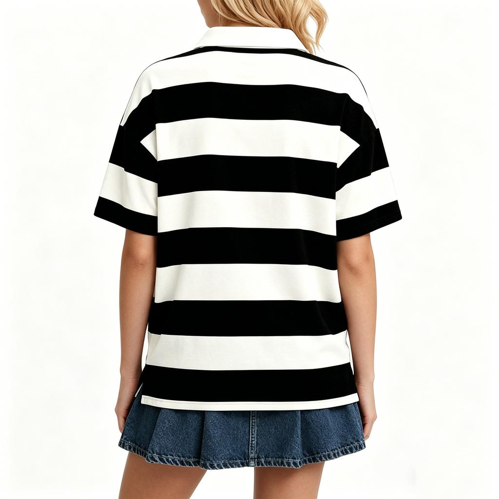 Women’s Casual Striped Polo Collar Loose Fit Short Sleeve Top Relaxed Style Pullover Shirt for Everyday Wear