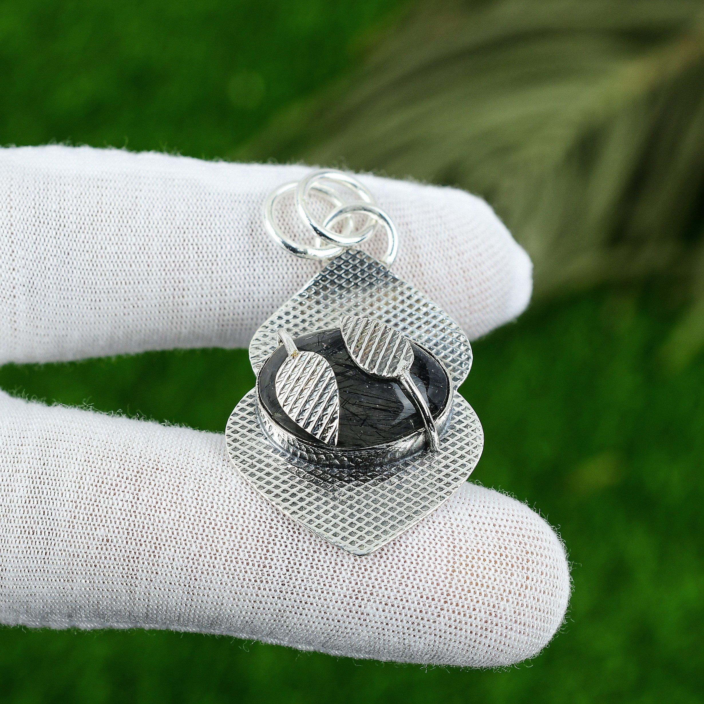 Womens day Sale 925 Sterling Silver Black Rutile Gemstone Bezel Pendant Jewelry