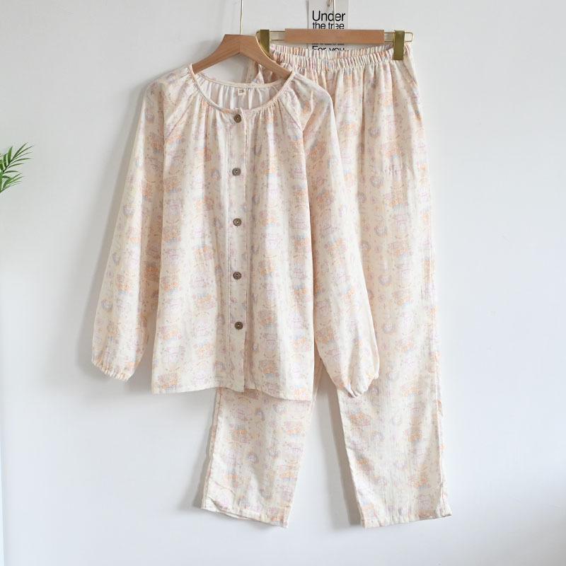 100% Pure Cotton Double-layer Gauze Cartoon Lapel Cardigan Pajamas Women's Spring and Autumn Loungewear Can Be Worn Loose 1011