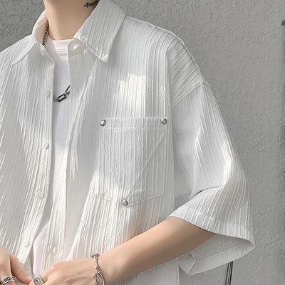 Men's Short-Sleeve White Ice Silk Shirt - Drapey, Niche Design Workwear Jacket with Five-Point Sleeves