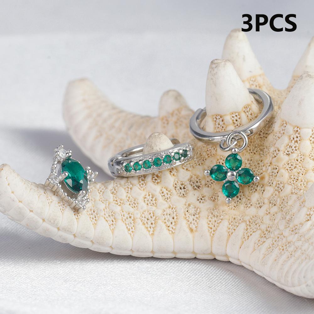 3PCS Green Zircon Flower Hoop Earrings Women Tiny Stainless Steel Round Circle Cartilage Piercing Earring Fashion Jewelry Sets