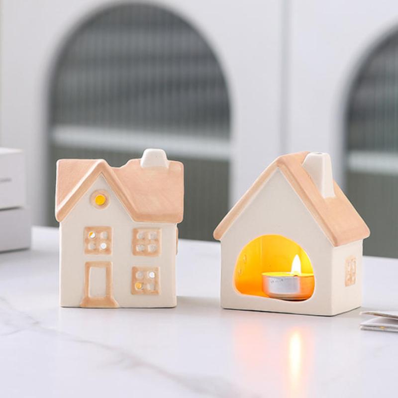 Painted Ceramic House Candle Holders Tabletop Christmas Or Everyday Home Decor Warm Glow Detailed Ornament(Without Candle)