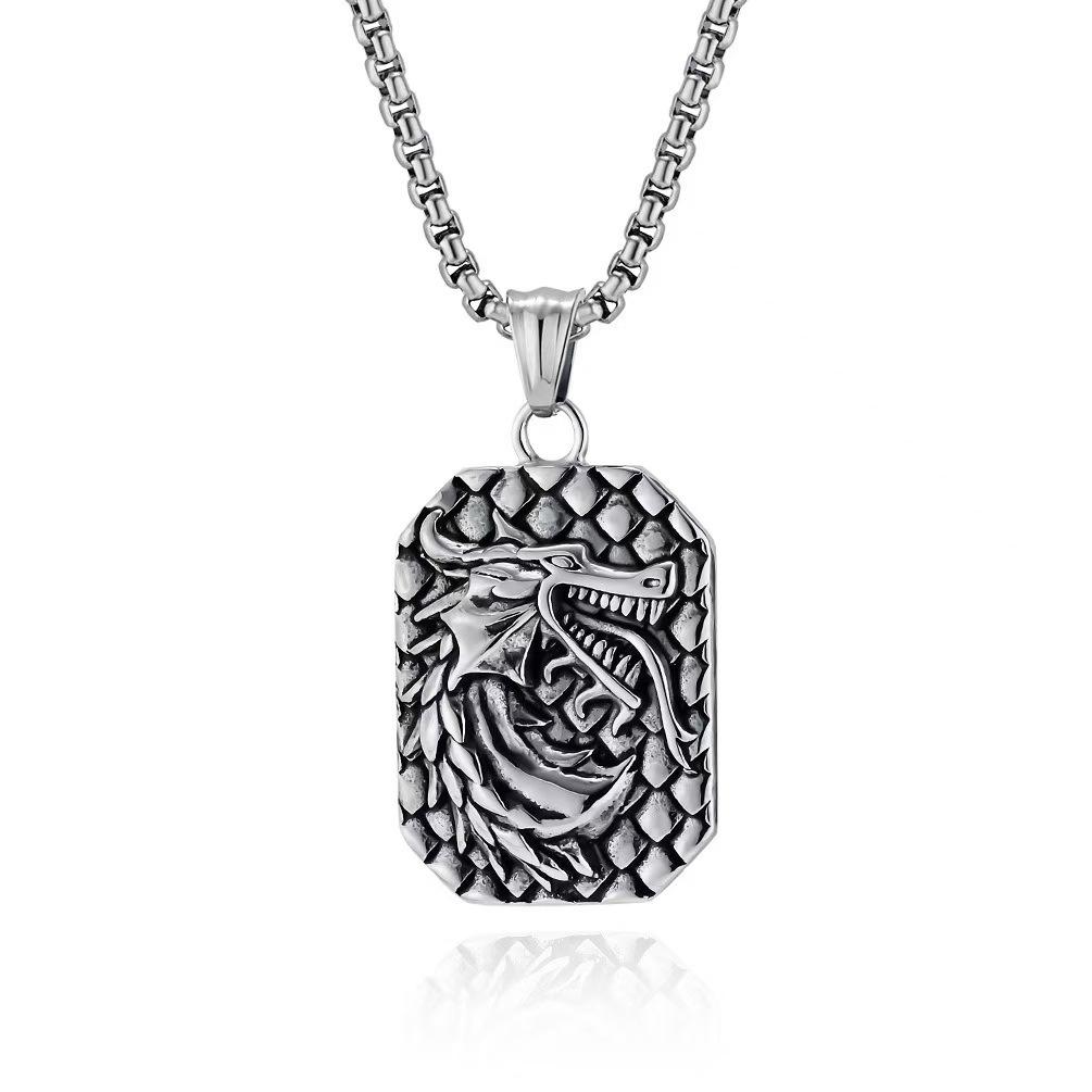 Cross Border Hot Selling Retro Dragon Necklace Square Brand Pendant Men's Women's Jewelry Spot Wholesale
