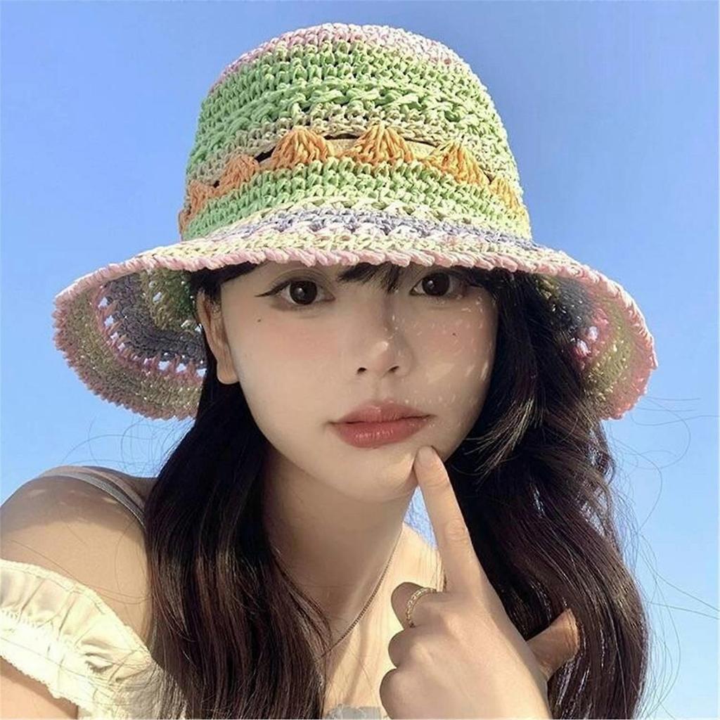 Rainbow Color Sun Hat Holiday Spring Weaving Straw Hat Woman Commutes Camping Taking Photo Handmade Beach Hat for Girl Green