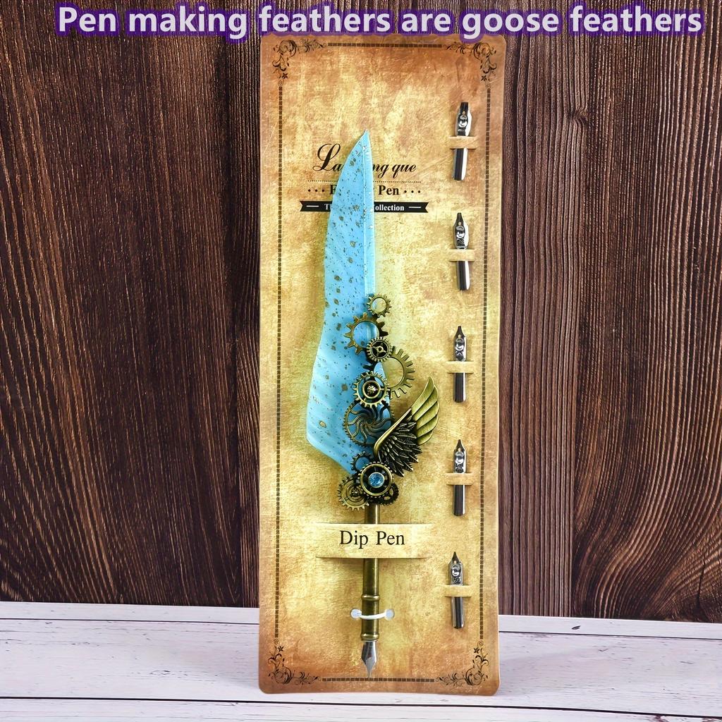 Ambidextrous Mechanical Calligraphy Pen with 5 Personalized Metal Tips, Medium Point, Round Body, Decorative European Retro Feather Quill for Beginner