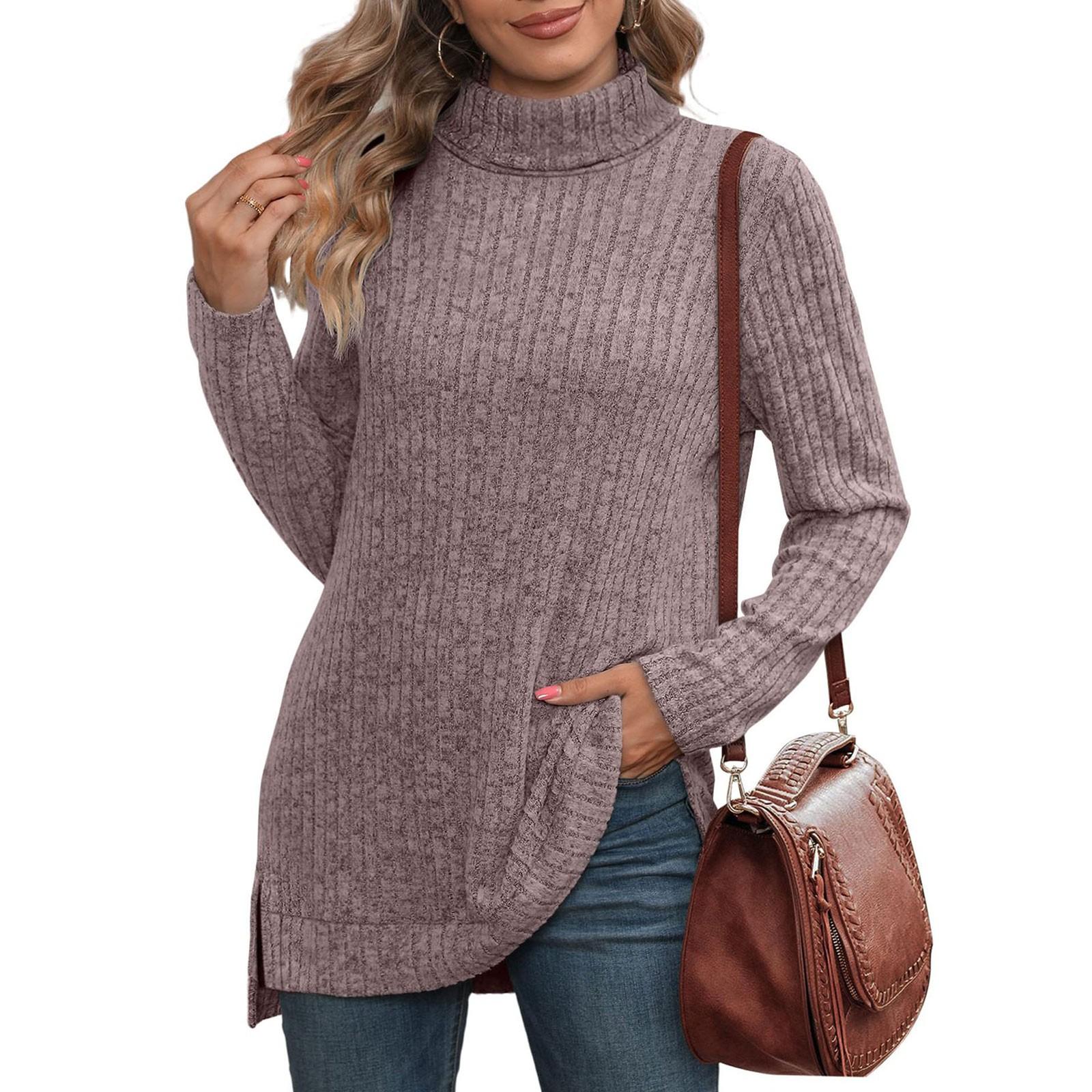 Женская модная повседневная вязаная футболка с высоким воротом и разрезом по бокам однотонный топ XXL коричневый 1845₽