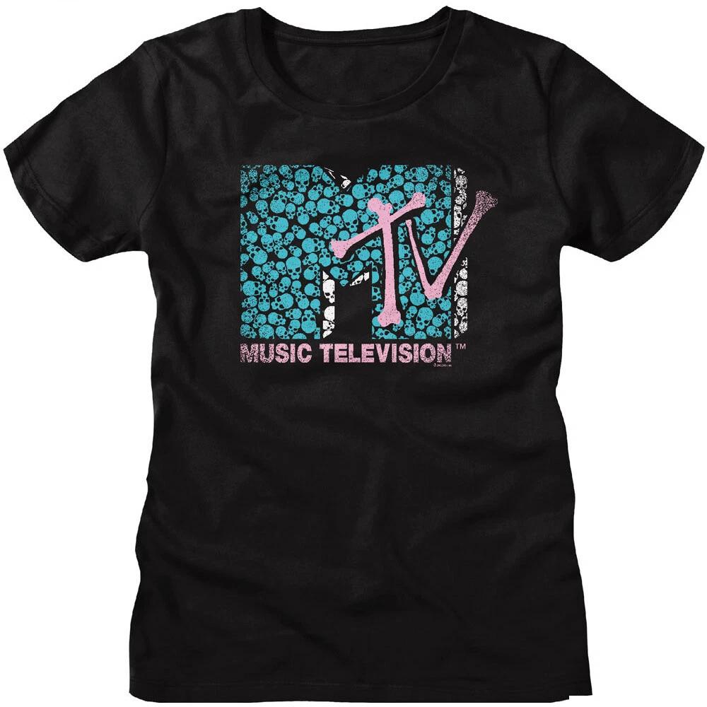 MTV 80 s Music Television Blue Skulls & Pink Bones Logo Women s T Shirt L