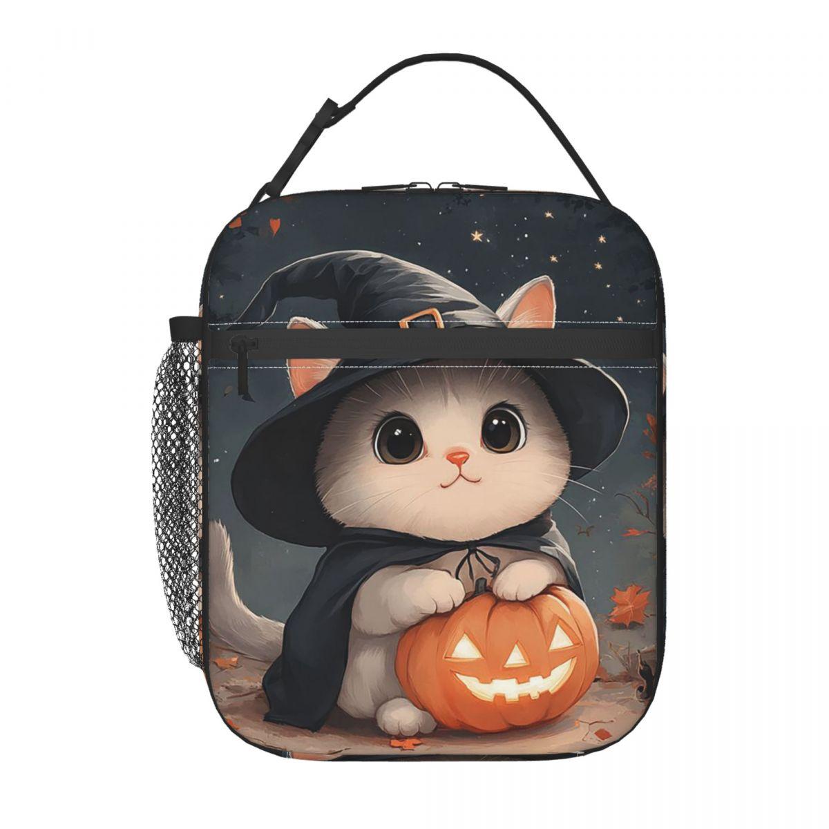

Cute Kitten And Pumpkin Lantern Pattern Insulated Lunch Bag for Women Children Portable Food Boxes Thermal Lunch Box Tote One Size