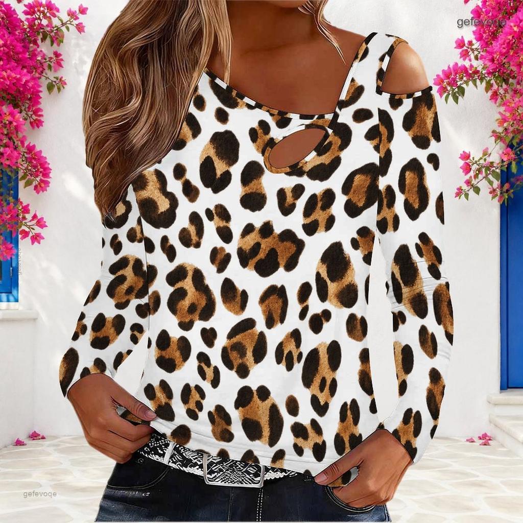 Women Plus Size Fitted Leopard Print Asymmetric Cutout Neck Cold Shoulder Long Sleeve Shirt