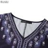 ZANZEA Women Ethnic Print Casual V-Neck 3/4 Sleeve Loose Dress